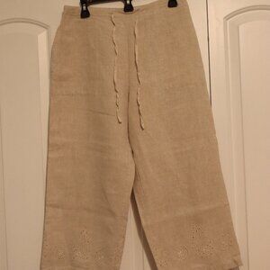 100% Linen Crop Pant By Units Sz Large Tan Straight Leg Elastic/Drawstring Waist